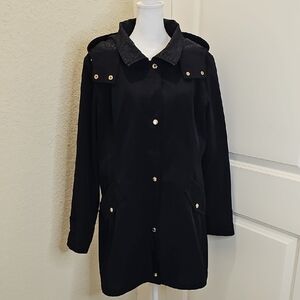 Gallery Women's Black Hooded Utility Rain Coat, Lined Black Leopard Trim Sz XL